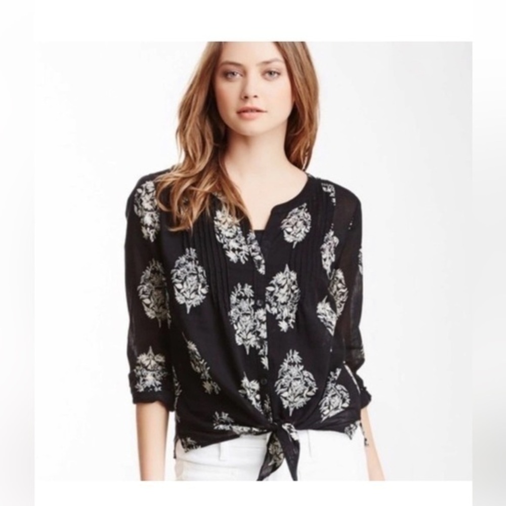 Lucky Brand cotton button down, medium black w floral print sheer tie bottom